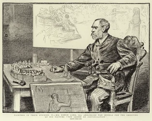 Pintores em seus estúdios, II, Sr. Edwin Long, RA, organizando modelos de cera para o agrupamento de sua foto A Coroa da Justificação